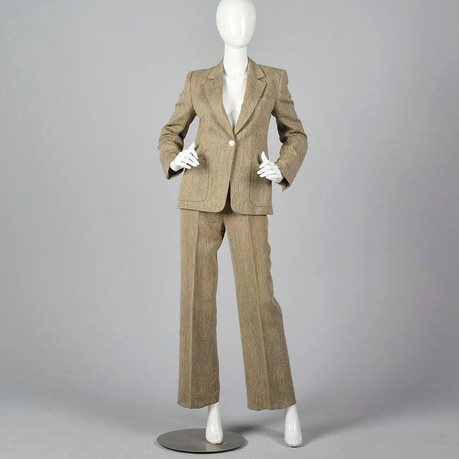 1990s Max Mara Tan Herringbone Two Piece Pant Suit