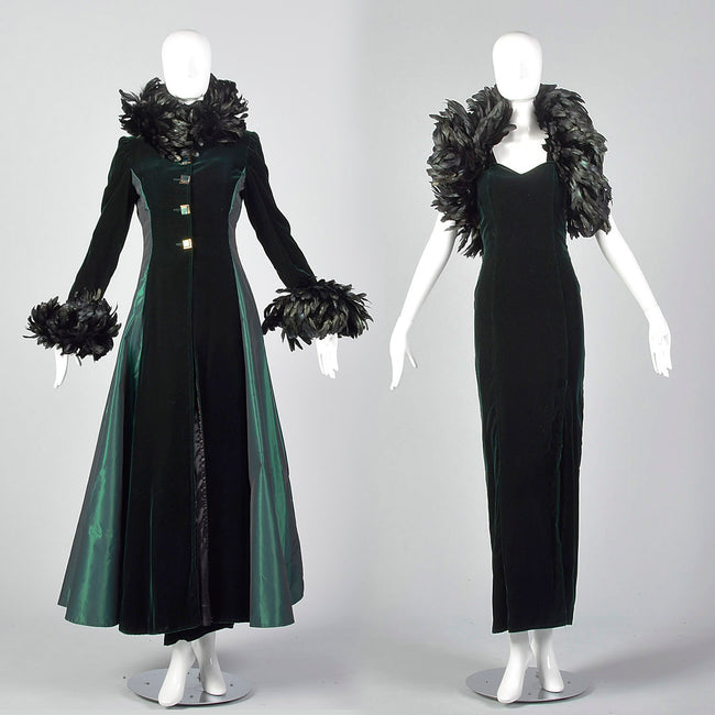 1970s Two Piece Green Velvet Dress Set