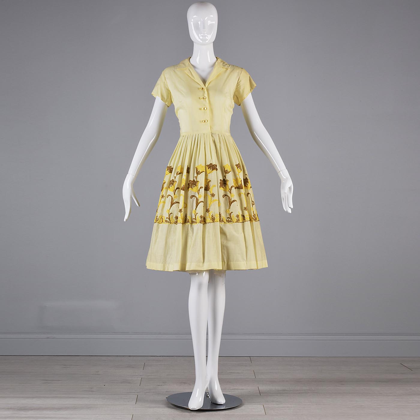 1950s Yellow Day Dress with Floral Embroidery