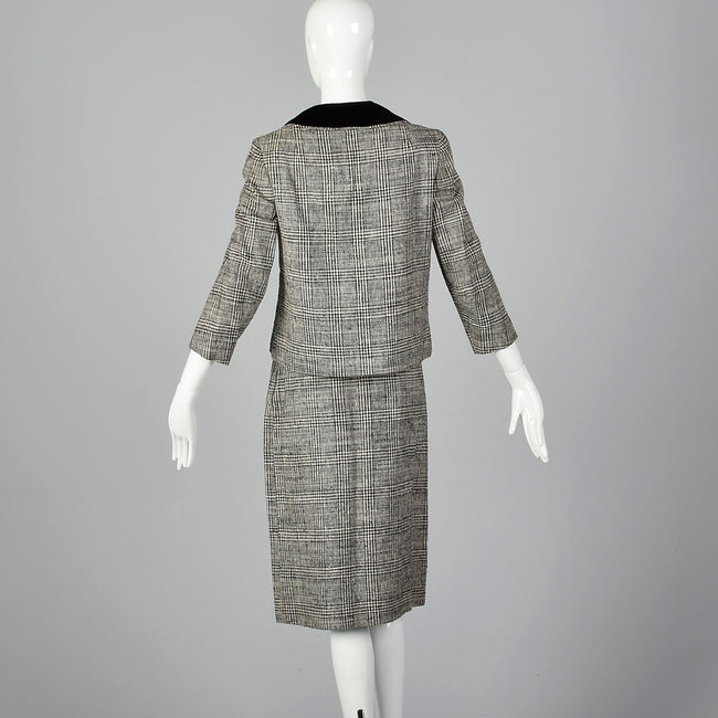 1960s Black Plaid Two Piece Skirt Suit with Velvet Collar