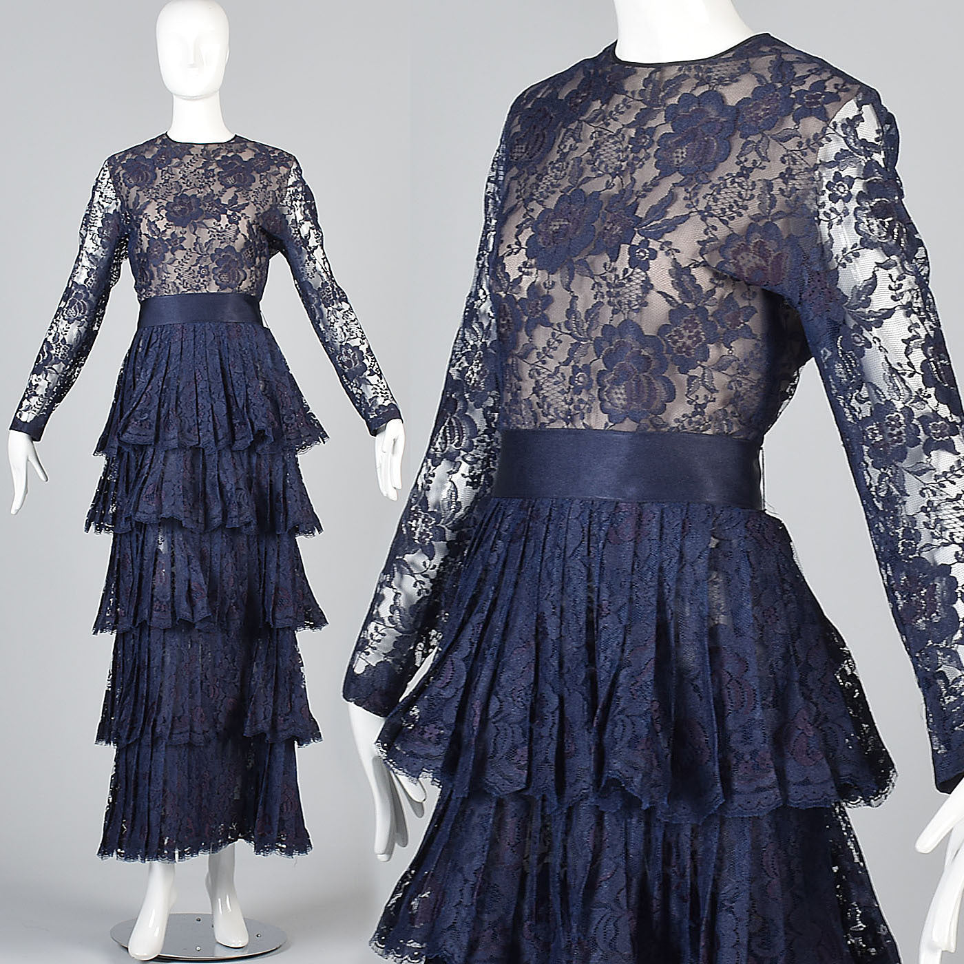 1970s Scaasi Boutique Navy Blue Formal Lace Evening Dress