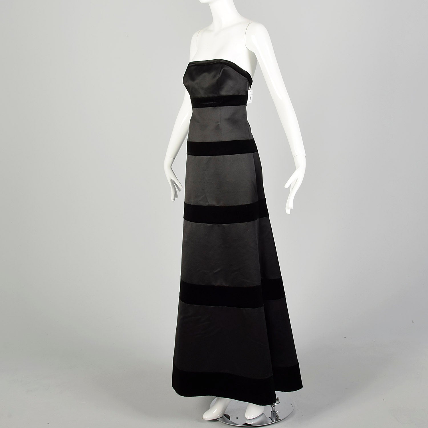 XS 1980s Dress Black Strapless Velvet Stripe Formal Evening Gown