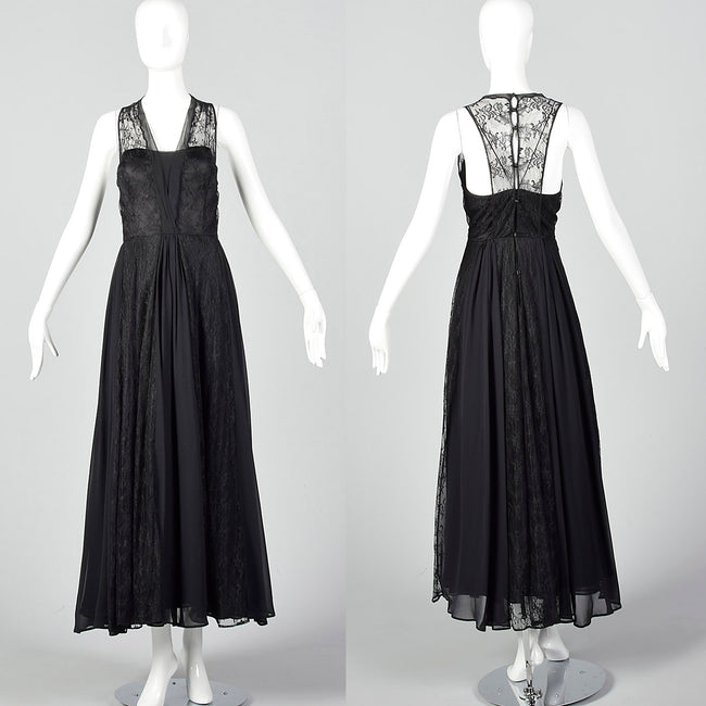 1990s Rickie Freeman for Teri Jon Black Silk and Lace Evening Gown