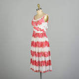 XXS 1950s Sleeveless Flowy Pink Novelty Rose Print Cotton Summer Day Dress
