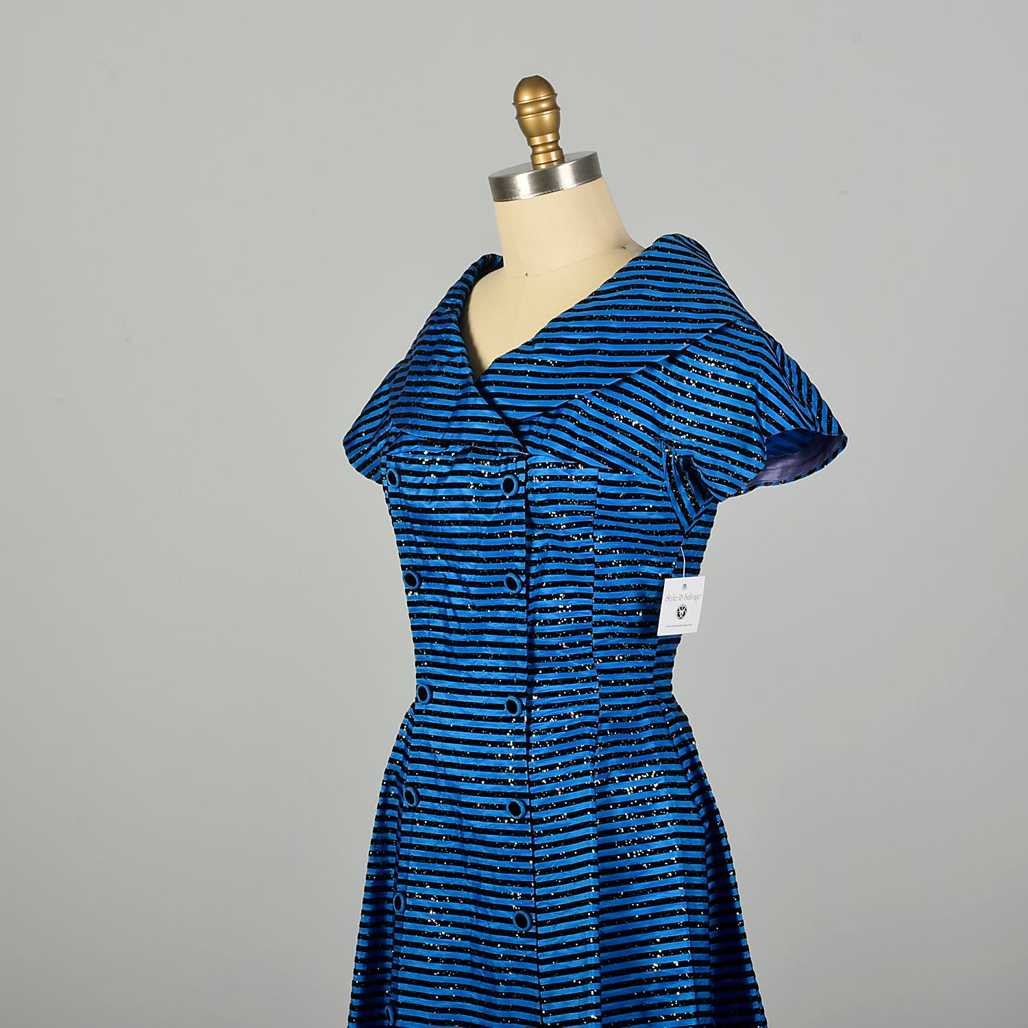 Medium 1950s Dress Blue Short Sleeve Striped Glitter Flocked Shawl Collar