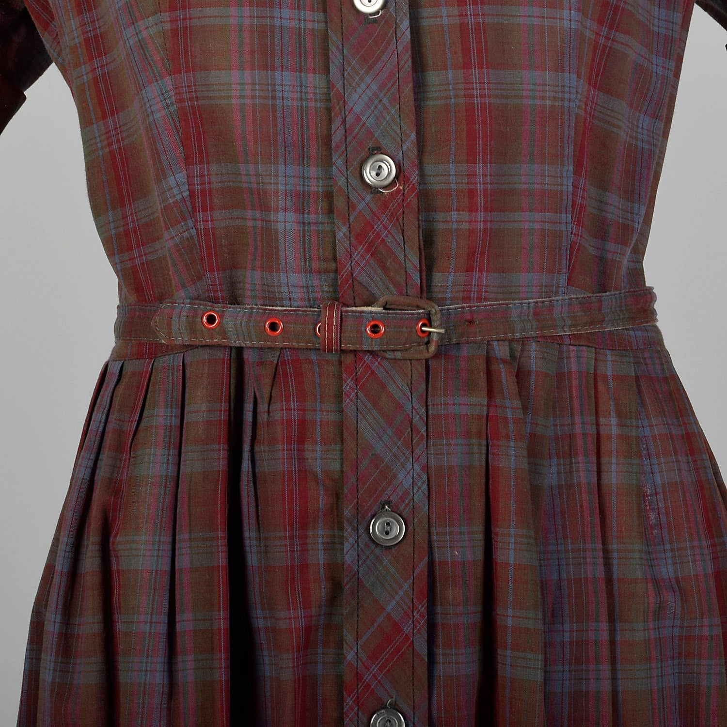 XL 1950s Burgundy Plaid Shirtwaist Day Dress Cotton Short Sleeve