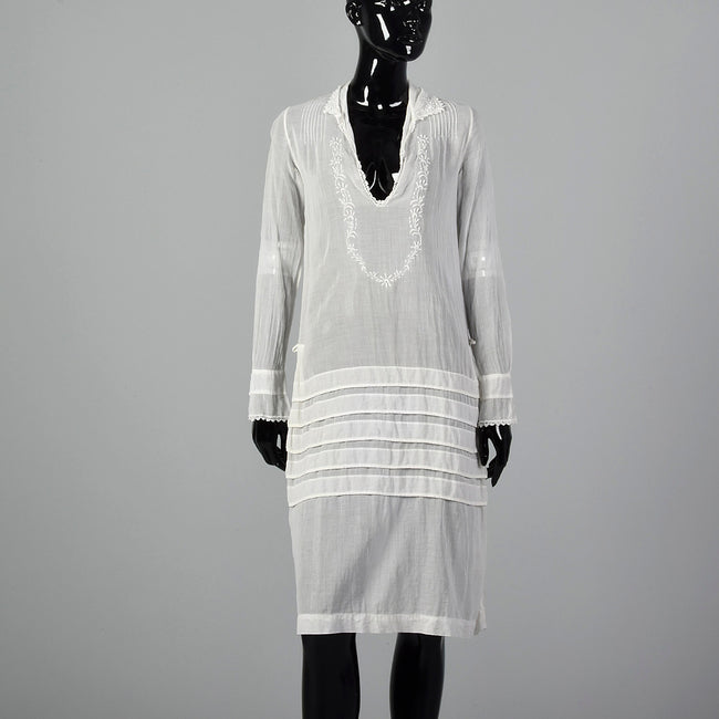 1920s Sheer White Embroidered Cotton Dress