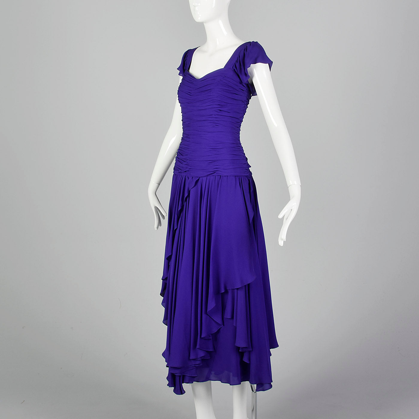 1980s Purple Gown with Ruched Bodice and Flutter Cap Sleeves