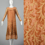 1930s Golden Brown Lace Dress with Chiffon Hem