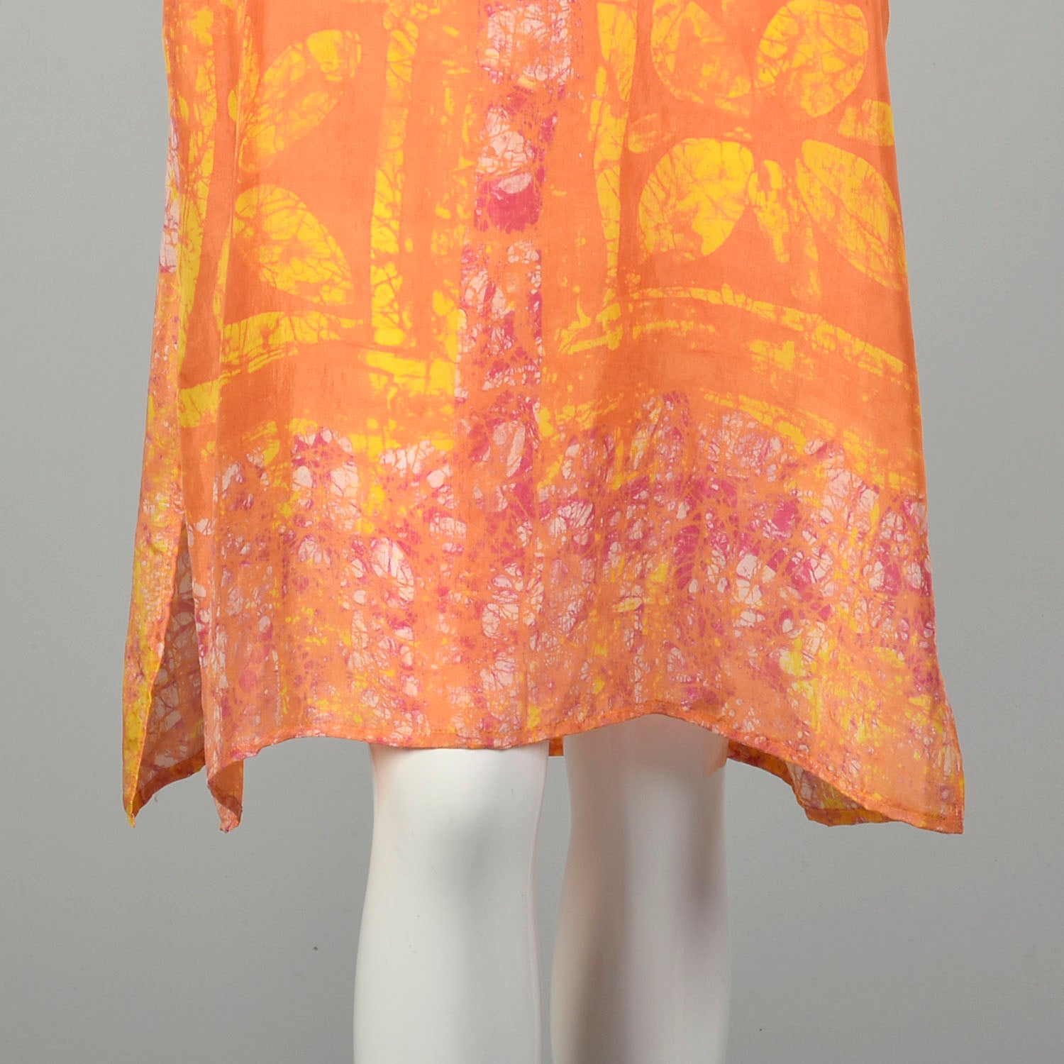 One Size 1970s Orange Yellow Abstract Batik Style Psychedelic Print Dress