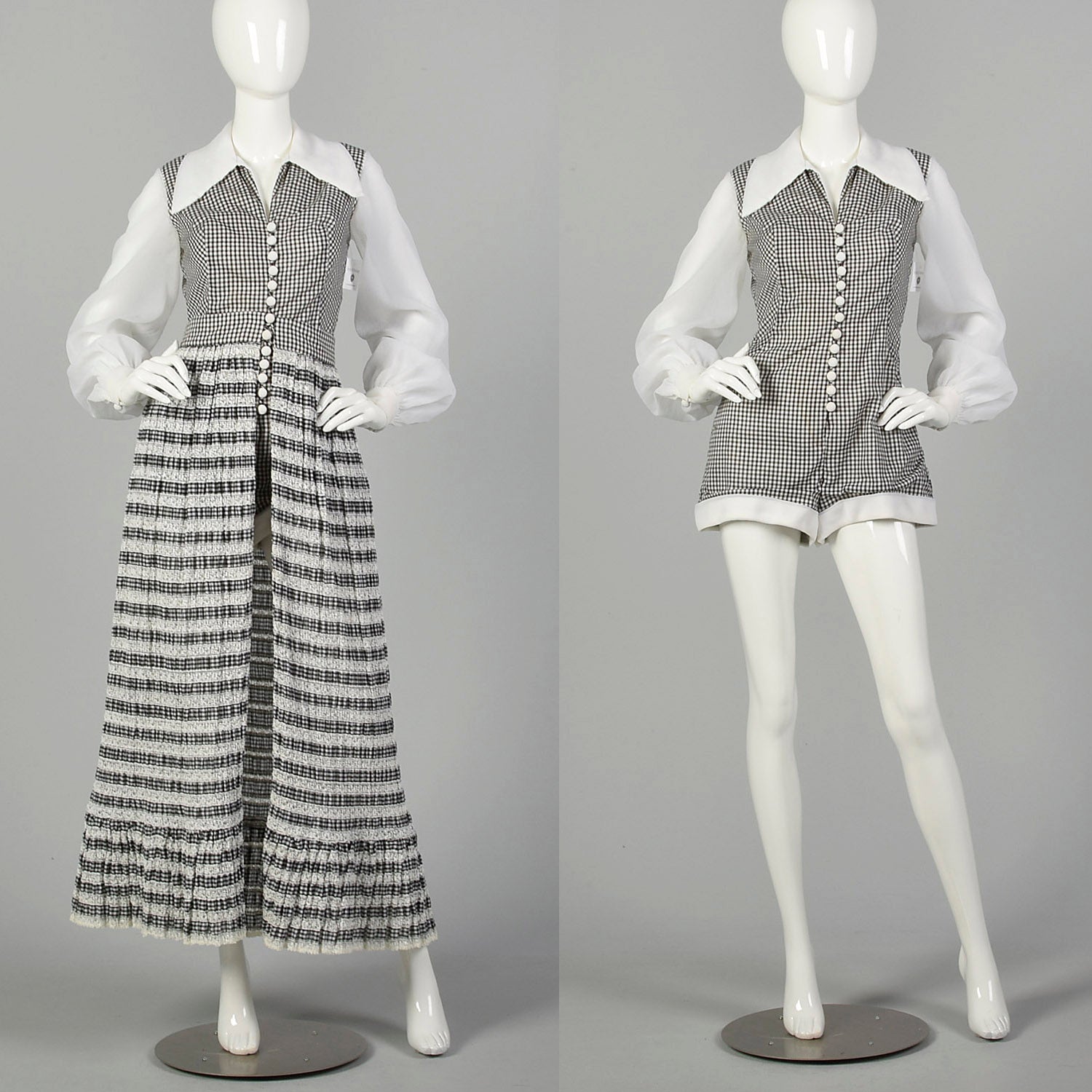 Small 1970s Romper Black and White Checkered Lace Overskirt Sheer Longsleeves