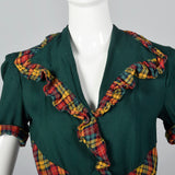 1930s Green Dress with Colorful Plaid Trim