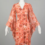 XS 1970s Pink Boho Maxi Dress Hippie Floral Print Bell Sleeves with Tieback Waist