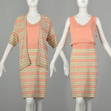 Medium 1980s St. John Set Knit Skirt Peach Shirt Striped Cardigan 3pc Ensemble