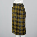 1950s Plaid Tweed Skirt with Leather Braid Trim Pocket