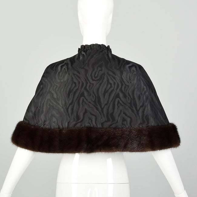 1960s Mink Trim Capelet Evening Fur Cape Black Formal Wrap