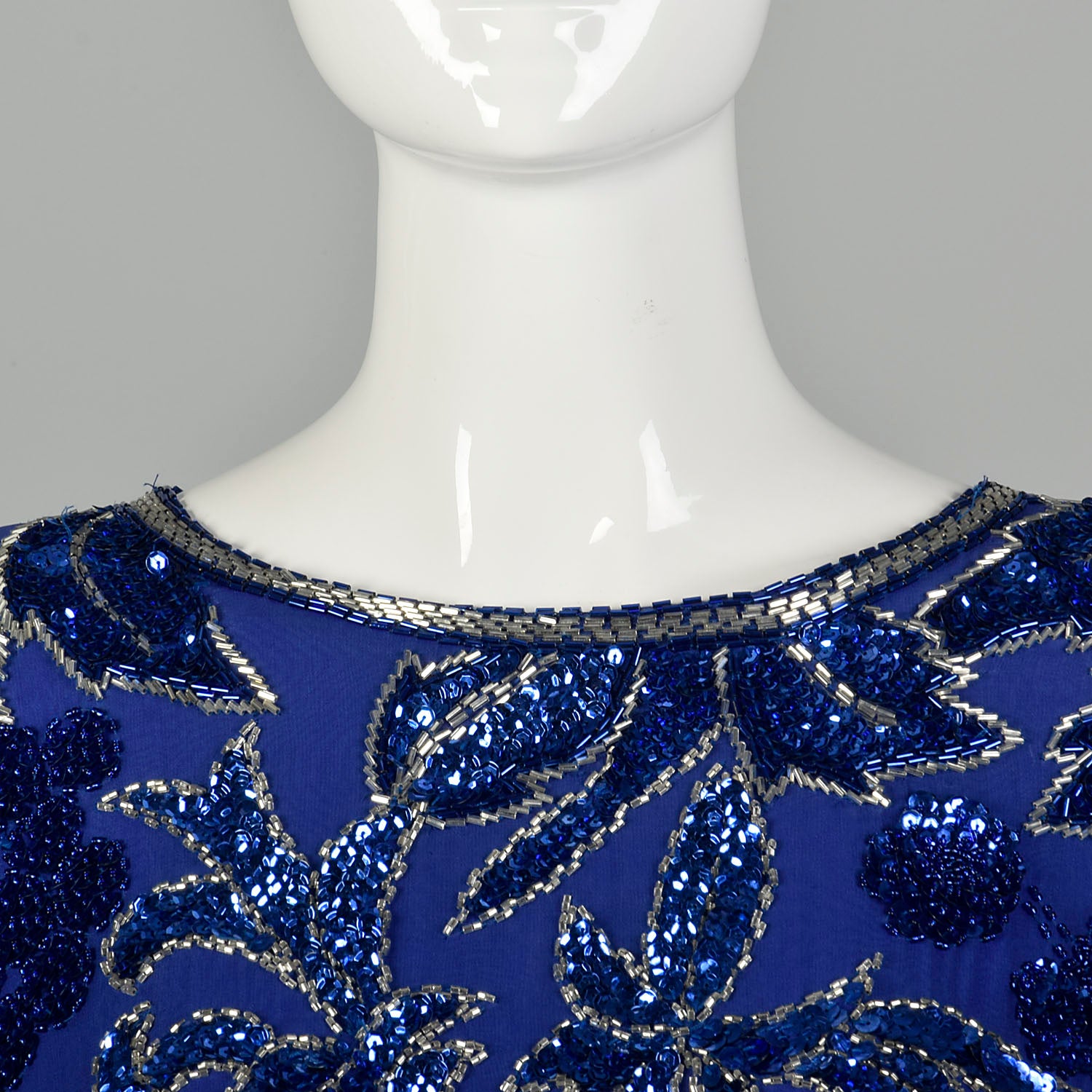 XXL Royal Blue Silk Beaded Evening Cocktail Dress Semi Formal Long Sleeve