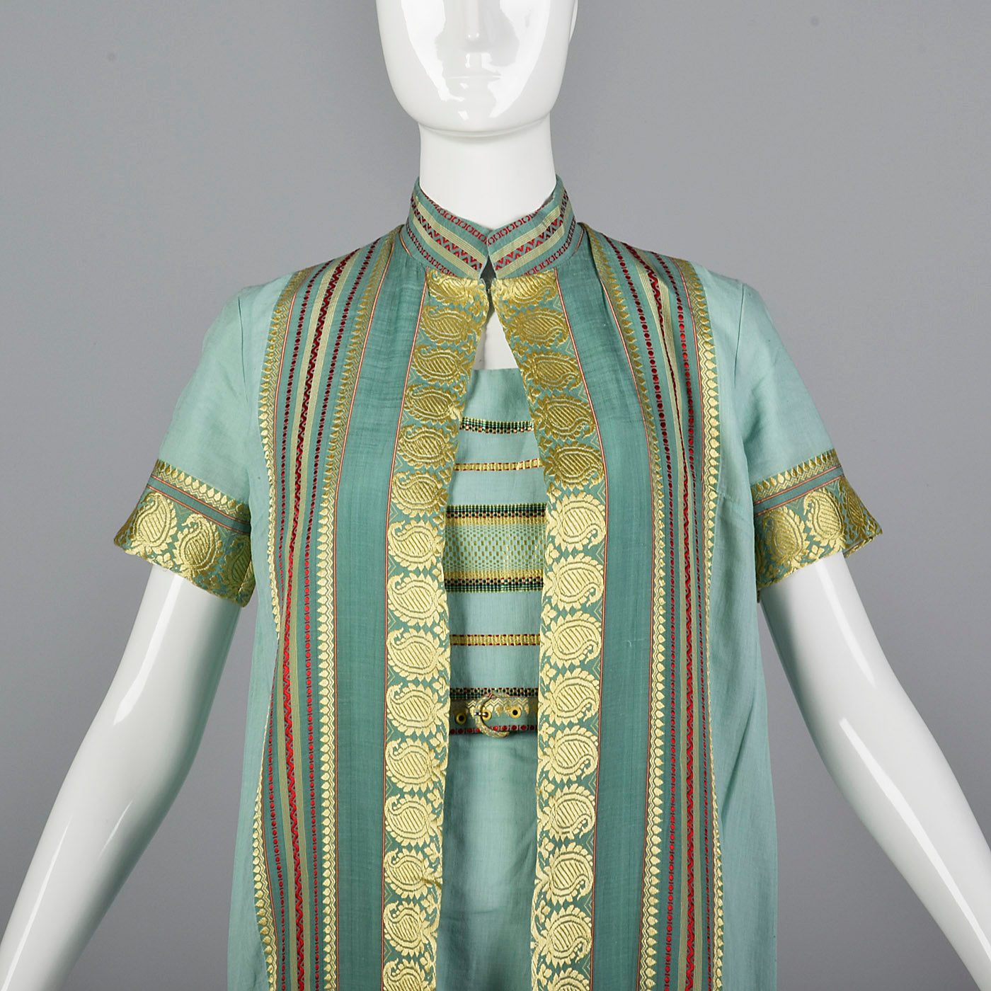 1950s Dress and Jacket Set in Aqua with Gold Trim