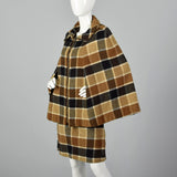 1960s Brown Plaid Skirt Suit with Cape