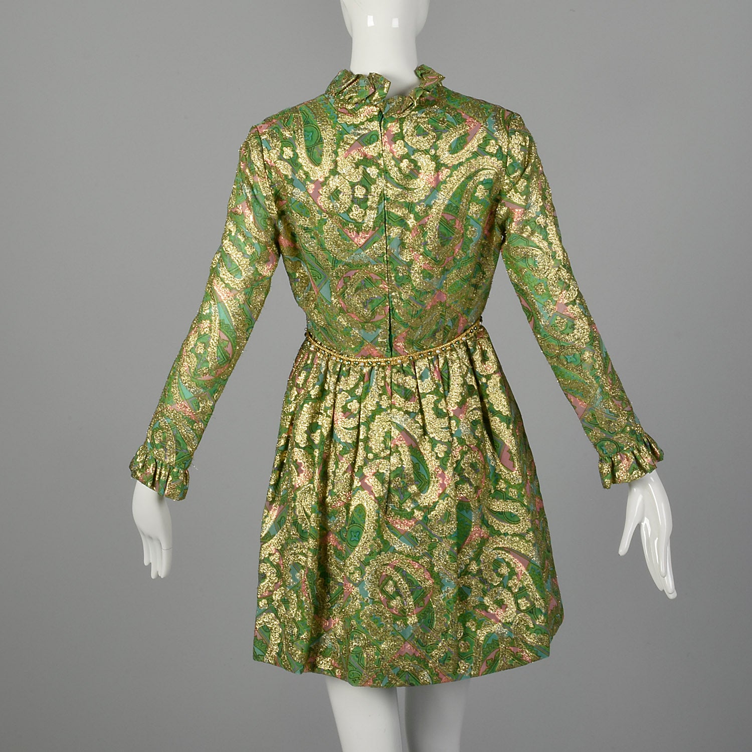 Small Mollie Parnis 1960s Green and Gold Paisley Dress