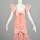 Medium 1980s Pink Lace Puff Sleeve Trumpet Skirt Formal Evening Prom Dress