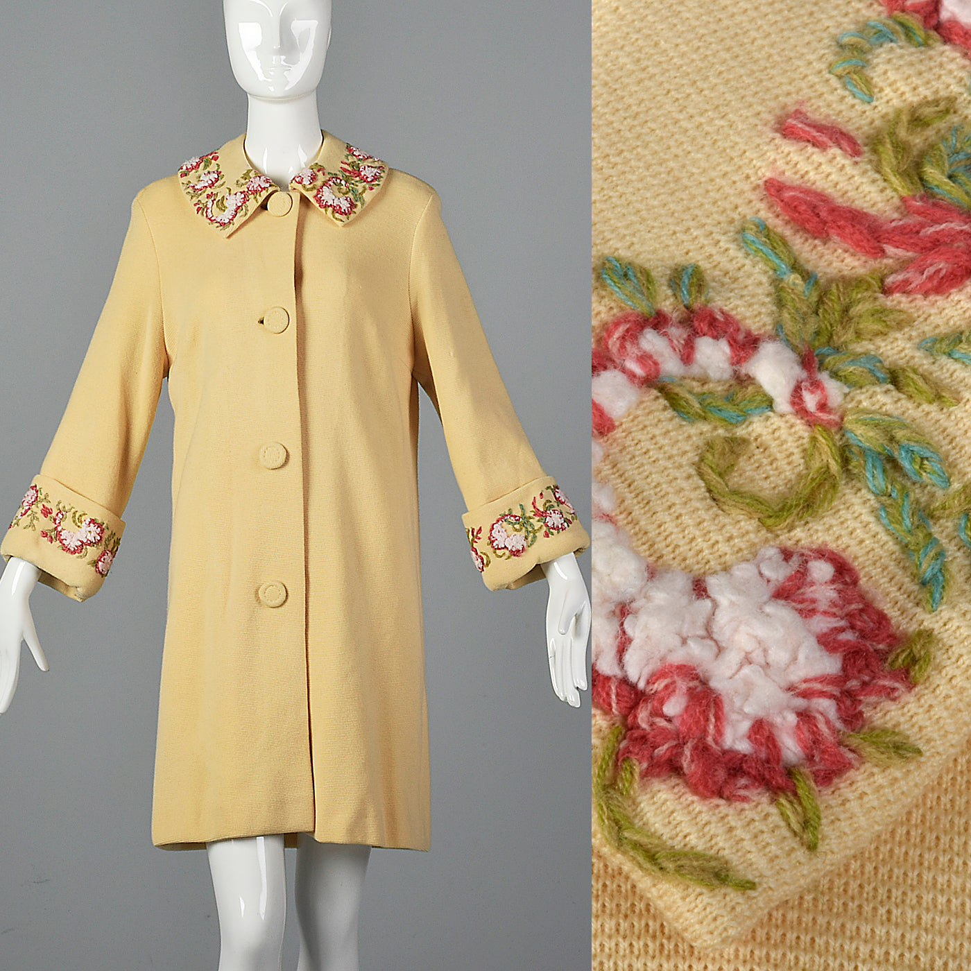 1960s Cream Knit Coat with Floral Embroidery Trim