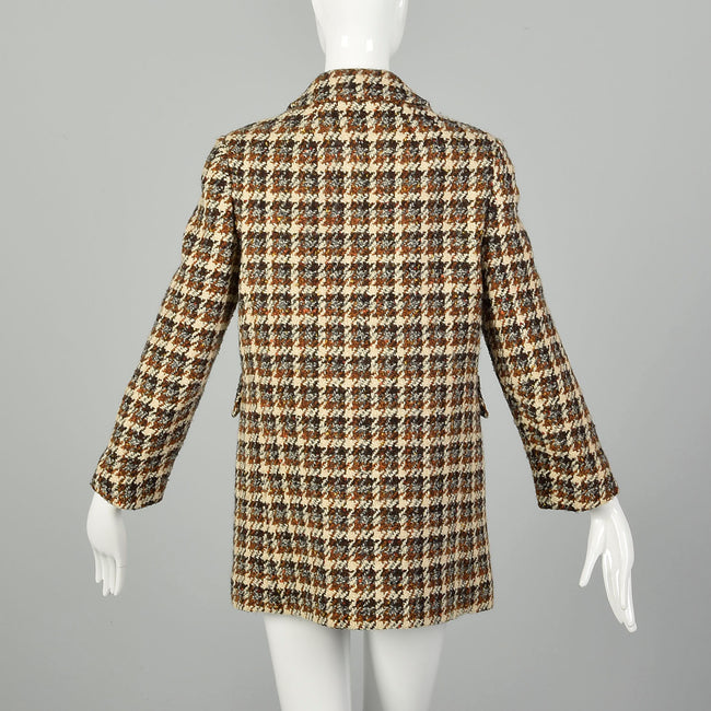 Small 1960s Tweed Coat Plaid Woven Winter Car Coat Mod Double Breasted