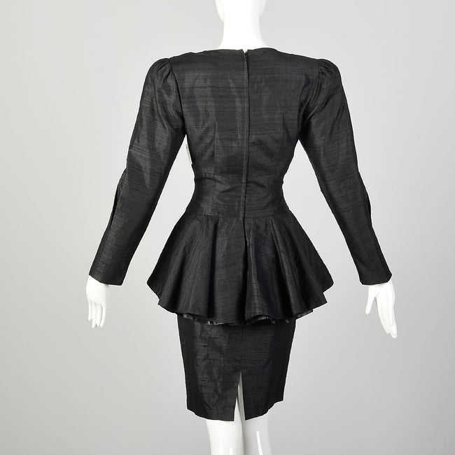 Medium 1980s Black Silk Dress Gold Beaded Appliqué Cocktail Peplum