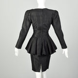 Medium 1980s Black Silk Dress Gold Beaded Appliqué Cocktail Peplum
