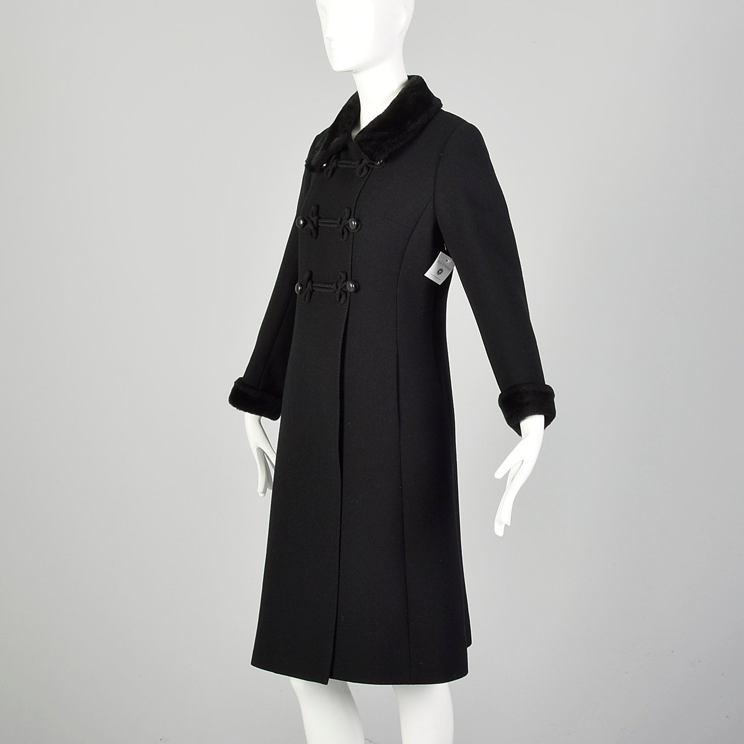 XS 1960s Mod Winter Coat Black Wool with Frog Closures and Faux Fur Trim