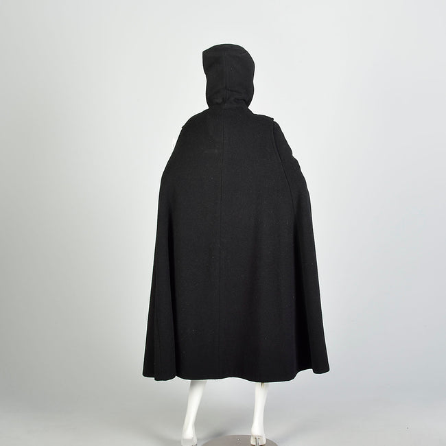 OSFM 1980s Heavy Hooded Wool Cape Black Winter Cloak Wool Hood Thick