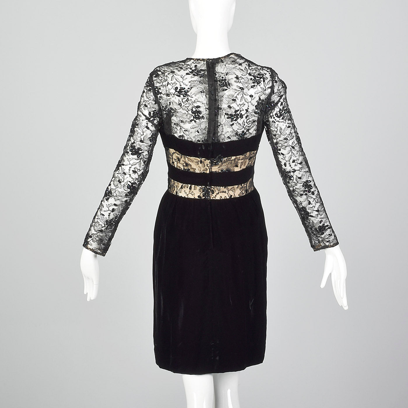 1980s Victor Costa Black Velvet Dress with Lace Illusion Bodice