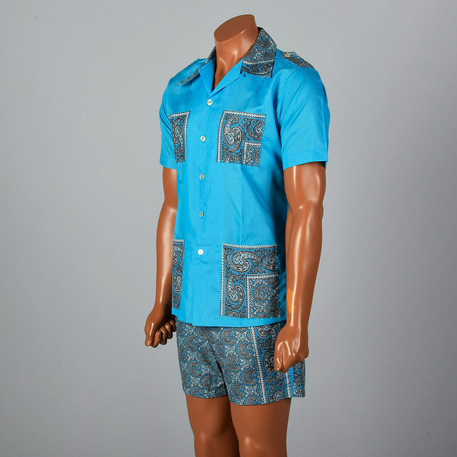 Deadstock 1950s Mens Cabana Set, Loop Collar Shirt & Matching Shorts