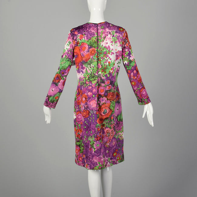 XL 1970s Goldworm Knit Dress Long Sleeve with Floral Print