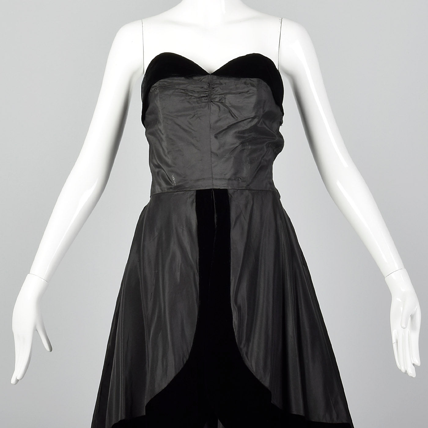 1950s Black Taffeta Evening Dress with Velvet Trim