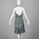 1990s Carmen Marc Valvo Blue Silk Hater Dress with Waist Sash