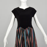 Medium 1950s Prom Dress Black Velvet Ribbon Stripe Taffeta Short Sleeve Prom Cocktail Evening