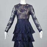 1970s Scaasi Boutique Navy Blue Formal Lace Evening Dress