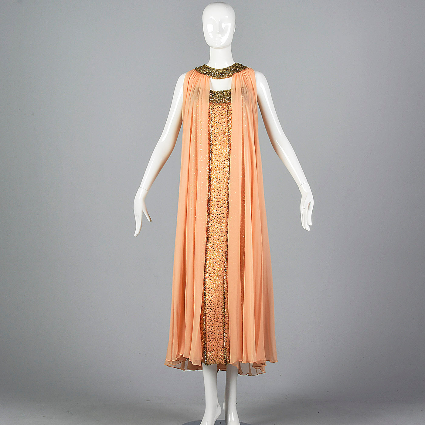 1960s Victoria Royal Beaded Gown with Silk Chiffon Cape