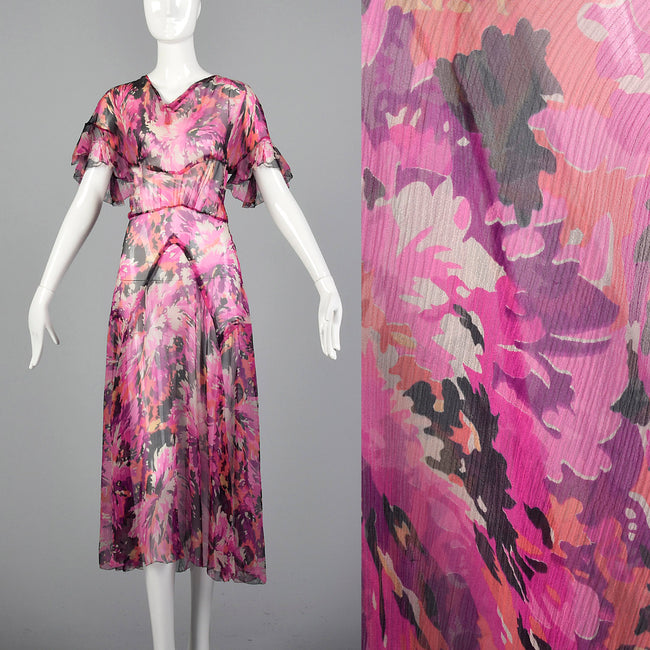 1930s Pink Silk Dress with Flutter Sleeves