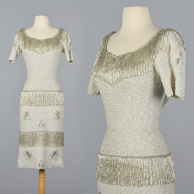 1960s Hand Knit Silver Beaded Dress with Fringe Detail