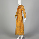 1970s Adele Simpson Evening Dress Metallic Orange Formal Gown with Long Sleeves