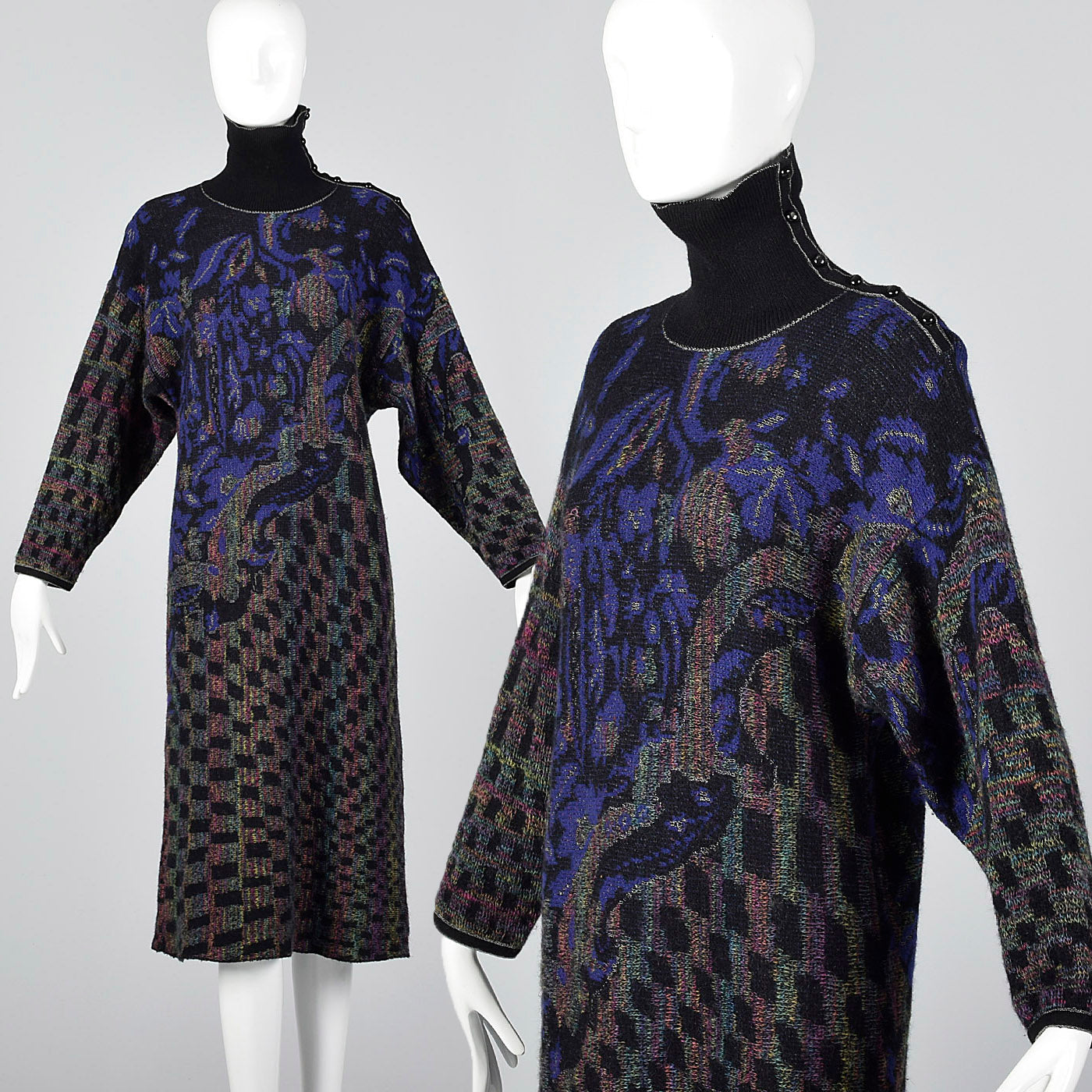1980s Emanuel Ungaro Wool Sweater Dress with Button Up Turtleneck