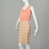 Medium 1980s St. John Set Knit Skirt Peach Shirt Striped Cardigan 3pc Ensemble