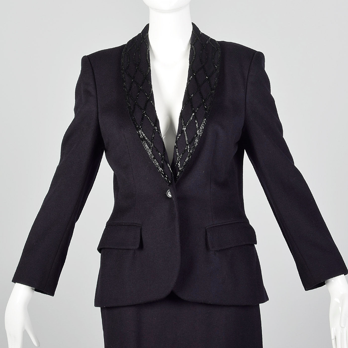 1970s Calvin Klein Dark Navy Skirt Suit with Beaded Lapels