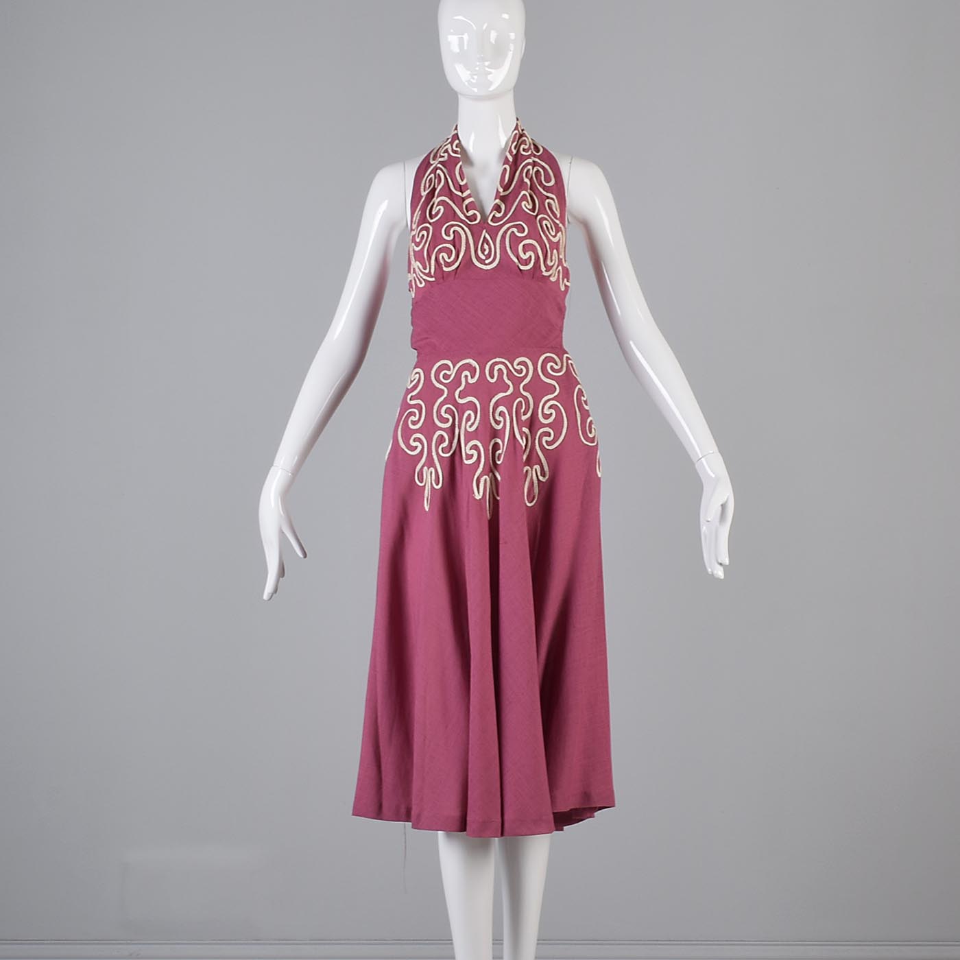 1940s Pink Linen Halter Dress with Soutache Trim