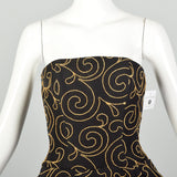 Small 1980s Nipon Black Strapless Party Dress Peplum with Gold Swirl