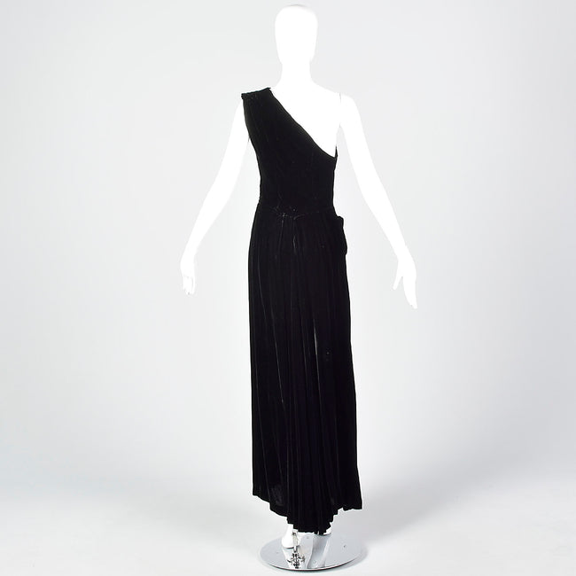 1940s Asymmetric Black Silk Velvet Dress