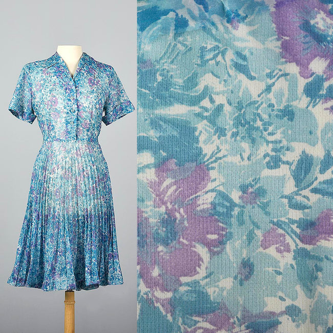 1960s Sheer Blue Floral Print Dress