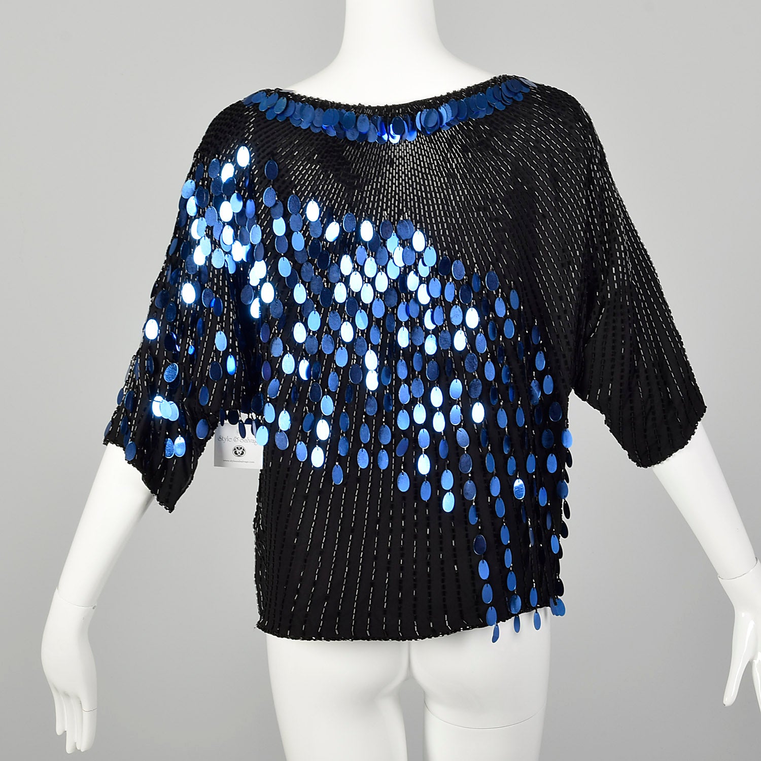 Medium 1980s Black and Blue Dolman Top Beaded Sequin Paillettes